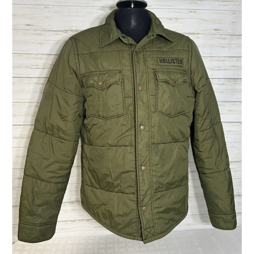 Hollister Carlsbad Army Green Flannel Lining Mens Puffer Jacket SLIM XL to LARGE